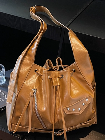 Sac Seau Vintage de Grande Capacité pour Femmes Style Motard Rétro en Cuir PU Cabas Sac à Épaule avec Décoration Rivet