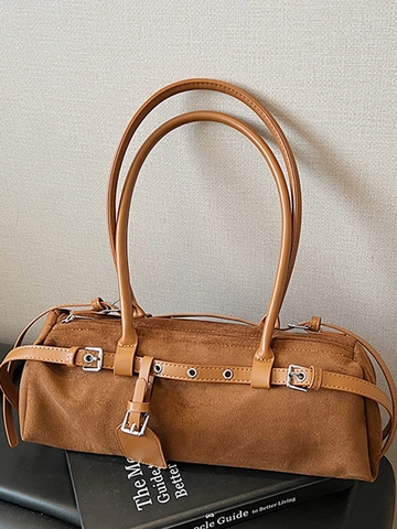 Bolso de Hombro Baguette de Gamuza para Mujer Minimalista Viaje Diario Bolso Boston Retro Color Sólido Con Decoración de Hebilla