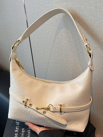 Vintage Women Large Capacity PU Leather Shoulder Bag Urban Minimalist Tote Underarm Bag With Retro Metal Buckle Decoration
