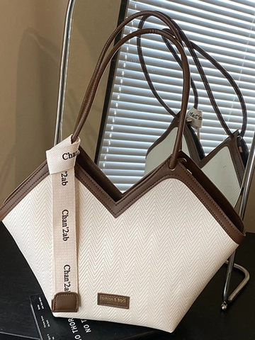 Große Kapazität Retro V-Förmige PU Leder Tragetasche Für Damen Vintage Fischgrätenmuster Geprägt Schultertasche Dekoratives Band Pendlertasche