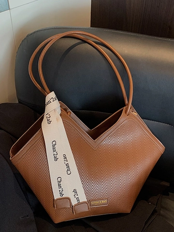 Große Kapazität Retro V-Förmige PU Leder Tragetasche Für Damen Vintage Fischgrätenmuster Geprägt Schultertasche Dekoratives Band Pendlertasche
