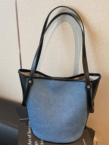 Dames Denim Patchwork Emmer Tas Grote Capaciteit Eenvoudige Schoudertas Met Klinknagels Dagelijkse Commuter Handtas Casual Tote