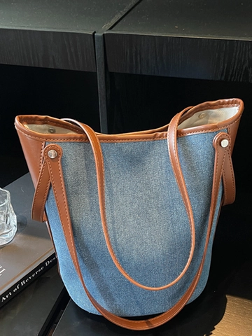 Dames Denim Patchwork Emmer Tas Grote Capaciteit Eenvoudige Schoudertas Met Klinknagels Dagelijkse Commuter Handtas Casual Tote