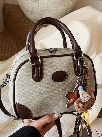 Vintage PU Leer Boston Schouder Crossbody Tas Voor Vrouwen Kleine Vierkante Handtas Contrast Kleur Forenzentas Met Beer Hanger