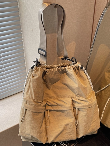 Große Kapazität Damen Nylon Umhängetasche Kordelzug Mehrere Taschen Lässig Kurier Crossbody Tasche Utility Tote Schultasche