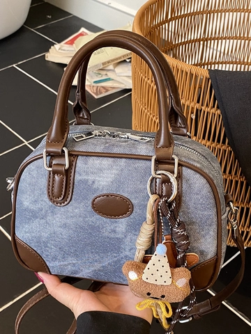 Vintage PU Leer Boston Schouder Crossbody Tas Voor Vrouwen Kleine Vierkante Handtas Contrast Kleur Forenzentas Met Beer Hanger