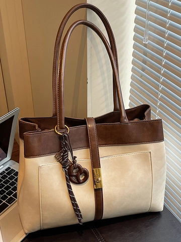 Women's Retro Large Capacity PU Leather Tote Bag Commuter Underarm Shoulder Bag Turn Lock Stylish Solid Color Handbag Daily Use
