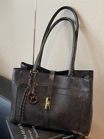 Women's Retro Large Capacity PU Leather Tote Bag Commuter Underarm Shoulder Bag Turn Lock Stylish Solid Color Handbag Daily Use