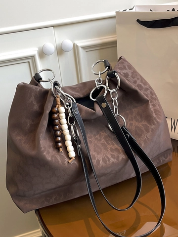 Large Capacity Leopard Print Tote Bag For Women Vintage PU Leather Shoulder Bag With Pendant Patchwork Fashion Handbag