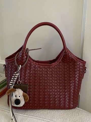 Damen Gewebte PU Leder Umhängetasche Retro Intrecciato Tote Bag Mit Plüsch Welpen Anhänger Mode Pendler Handtasche
