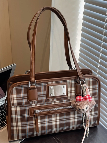 Vintage Britisch Karo Tote Bag Für Damen Große Kapazität Urban Einfach PU Leder Patchwork Umhängetasche Pendeln Handtasche