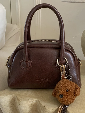 Retro PU Leather Bowling Bag For Women Minimalist Pillow Shoulder Bag With Teddy Bear Pendant Commuter Top Handle Handbag