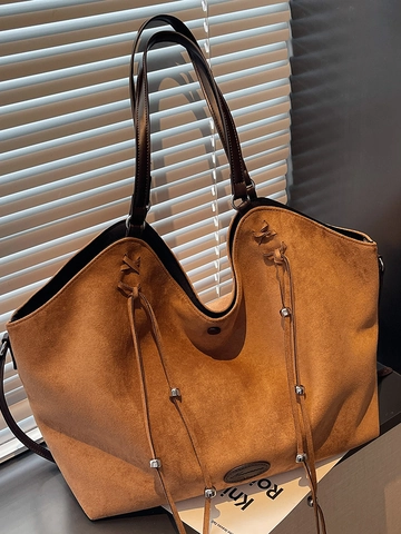 Retro Große Kapazität PU Wildleder Optik Tote Bag Für Damen Pendler Schultertasche Fransen Metallperlen Urban Einfache Handtasche
