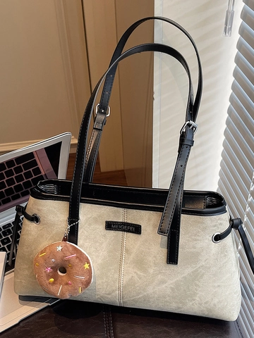 Dames Vintage PU Lederen Schoudertas Casual Woon-werkverkeer Tote Bag Met Donut Pluche Hanger Retro Onderarm Handtas