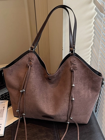 Retro Große Kapazität PU Wildleder Optik Tote Bag Für Damen Pendler Schultertasche Fransen Metallperlen Urban Einfache Handtasche