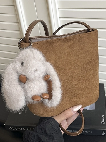 Sac à Épaule Seau en Polyester Givré pour Femmes Avec Pendentif Lapin Sac à Main Coréen Minimaliste pour Femmes