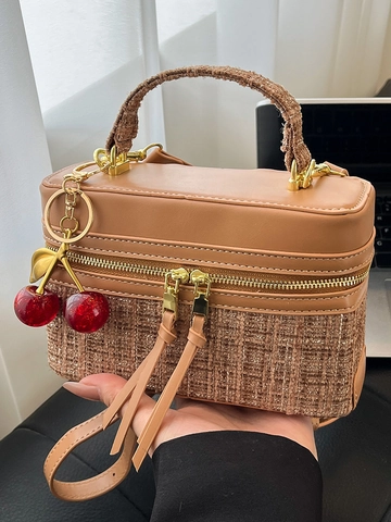 Damen Retro Woll Patchwork Box Tasche Mode Crossbody Umhängetasche Mit Kirsch Anhänger Mini Handtasche Pendler Tasche