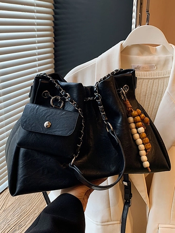 Urban Minimalistische Damen PU Leder Tote Bag Mit Holzperlen Anhänger Eimer Umhängetasche Für Den Täglichen Arbeitsweg