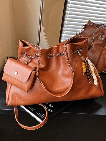 Urban Minimalistische Damen PU Leder Tote Bag Mit Holzperlen Anhänger Eimer Umhängetasche Für Den Täglichen Arbeitsweg