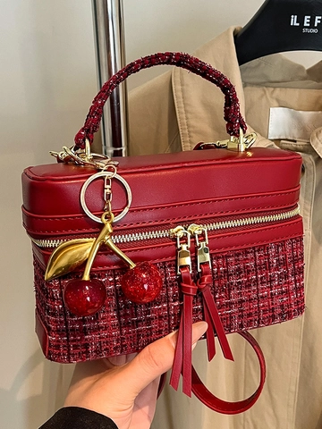 Damen Retro Woll Patchwork Box Tasche Mode Crossbody Umhängetasche Mit Kirsch Anhänger Mini Handtasche Pendler Tasche