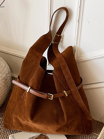 Borsa Tote in Camoscio Grande Capacità da Donna Minimalista Vintage Borsa a Spalla Hobo con Fibbia a Cintura Handbag Pendolare Urbana
