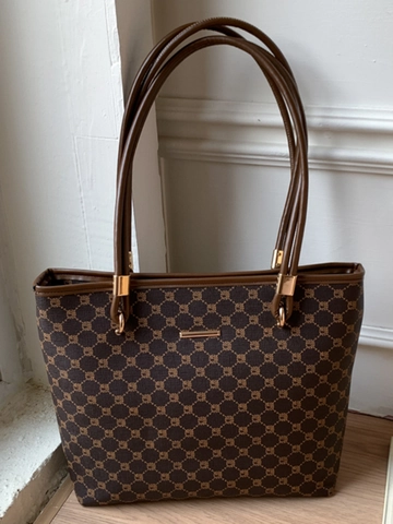 Bolso de Mano Grande Para Mujer Vintage Monograma Cuero PU Bolso de Hombro Minimalista Urbano Bolso Para Combinación Diaria