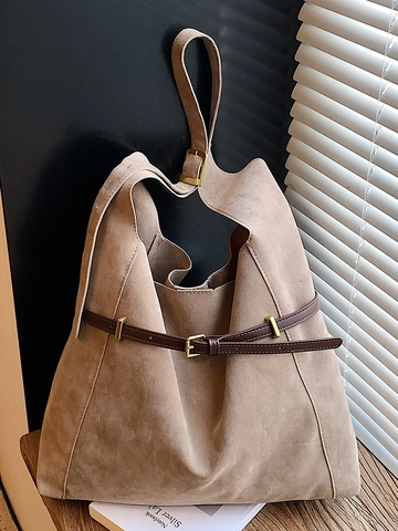 Borsa Tote in Camoscio Grande Capacità da Donna Minimalista Vintage Borsa a Spalla Hobo con Fibbia a Cintura Handbag Pendolare Urbana