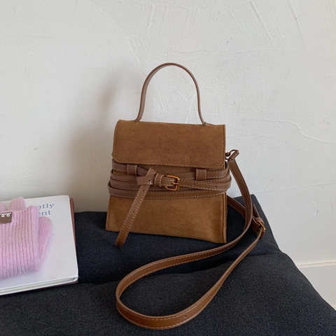 Women Vintage PU Suede Texture Handbag Retro Minimalist Flap Shoulder Crossbody Bag With Decorative Belt Buckle Square Bag