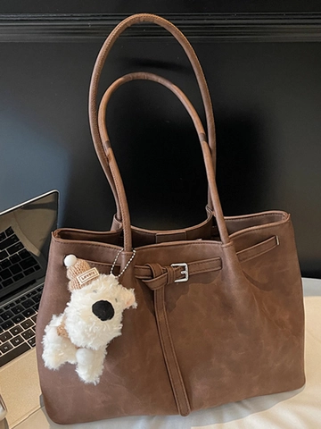 Minimalist Women Suede Leather Large Tote Bag High Capacity Commuting Shoulder Bag With Plush Pendant Korean Style Handbag