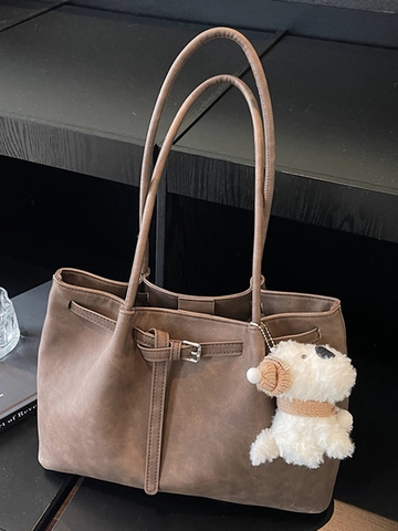 Minimalist Women Suede Leather Large Tote Bag High Capacity Commuting Shoulder Bag With Plush Pendant Korean Style Handbag