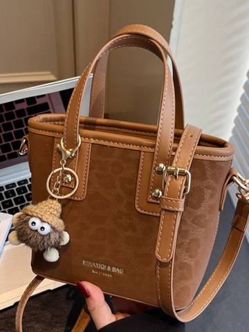 Women Retro Leopard Print Mini Tote Bag Urban Simple PU Leather Crossbody Shoulder Bag With Plush Charm Fashion Handbag
