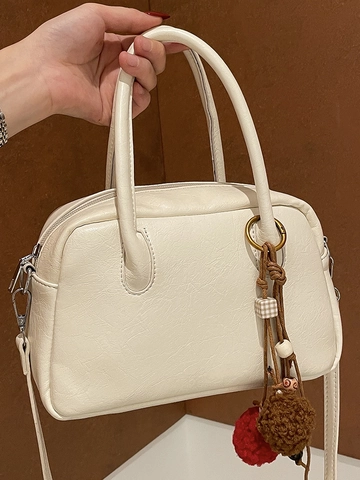 Damen PU Leder Boston Umhängetasche Retro Urban Einfach Handtasche Mit Plüschball Anhänger Lässige Tägliche Pendler Umhängetasche
