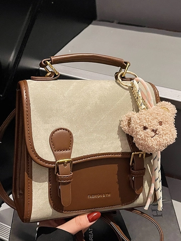 Mini Mochila de Cuero PU Retro para Mujer Color de Contraste Bolso Escolar de Moda Con Colgante de Oso Bolso de Viaje