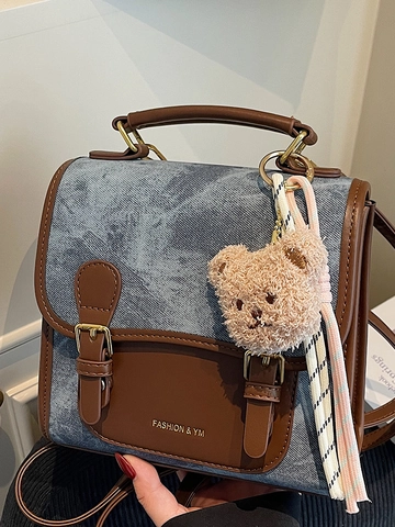 Mini Mochila de Cuero PU Retro para Mujer Color de Contraste Bolso Escolar de Moda Con Colgante de Oso Bolso de Viaje