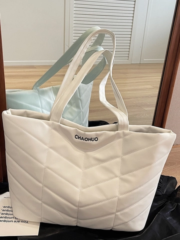 Korean Style Quilted PU Leather Tote Bag Large Capacity Commuter Shoulder Bag Solid Color Chevron Handbag For Women