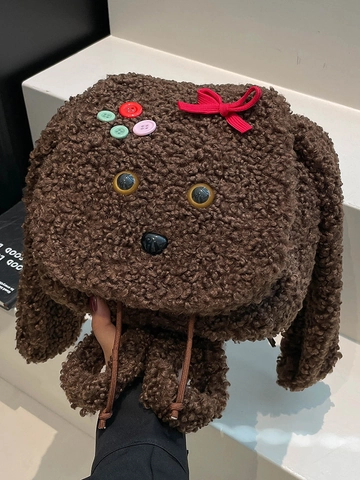 Cute Cartoon Dog Plush Backpack For Women Girls Brown Sherpa Fleece Long Ear Bag With Bowknot Colorful Buttons Fashion Rucksack