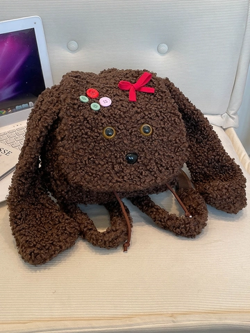 Cute Cartoon Dog Plush Backpack For Women Girls Brown Sherpa Fleece Long Ear Bag With Bowknot Colorful Buttons Fashion Rucksack