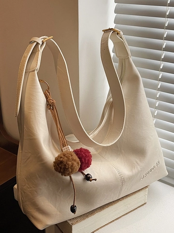 Bolso Tote de Cuero PU de Gran Capacidad para Mujer Coreana Retro Bolso de Hombro Con Colgante de Pompones