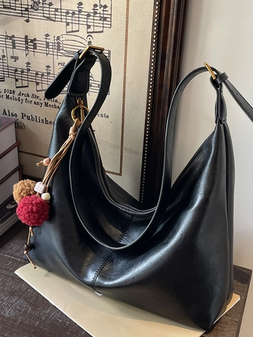 Bolso Tote de Cuero PU de Gran Capacidad para Mujer Coreana Retro Bolso de Hombro Con Colgante de Pompones