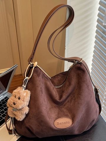 Vintage PU Leather Large Capacity Tote Bag For Women Casual Retro Minimalist Shoulder Bag Solid Color Everyday Shopper