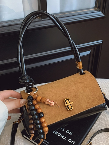 Vintage Splicing PU Leer Suède Schoudertas Voor Dames Met Houten Kralen Hanger Mode Crossbody Tas Elegante Handtas Voor Dagelijks