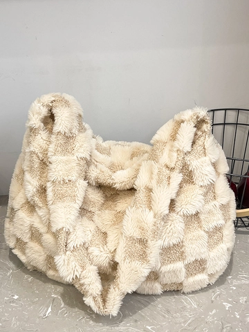 Sac Cabas Peluche Femmes Damier Grande Capacité Sac à Épaule en Fausse Fourrure Vintage Hobo Hiver Décontracté