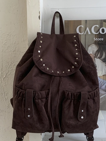 Sac à Dos Rétro en Suède pour Femmes Grande Capacité Décoration à Rivets Sac à Dos de Voyage Style Coréen Mode Cordon Sac d'École pour Femmes