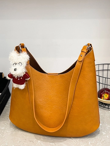 Vintage PU Leather Large Capacity Shoulder Hobo Bag Minimalist Women Commuter Tote Bag With Plush Dog Pendant