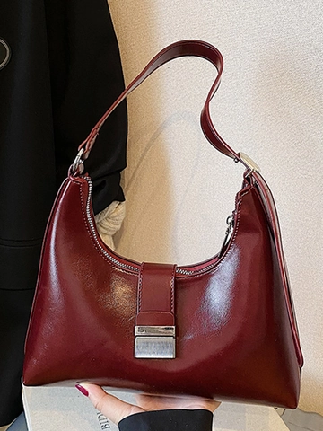 Damen Minimalistische PU Leder Hobo Schultertasche Glänzend Retro Unterarmtasche Mit Silberner Metallschnalle Große Kapazität Umhängetasche
