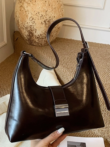 Damen Minimalistische PU Leder Hobo Schultertasche Glänzend Retro Unterarmtasche Mit Silberner Metallschnalle Große Kapazität Umhängetasche
