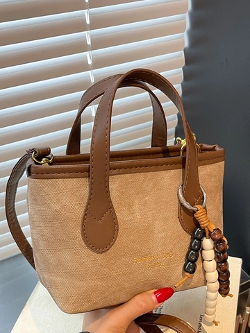 Vintage Damen PU Leder Eimertasche Kontrastnähte Kleine Schulter Umhängetasche Mit Holzperlenanhänger Reise Handtasche