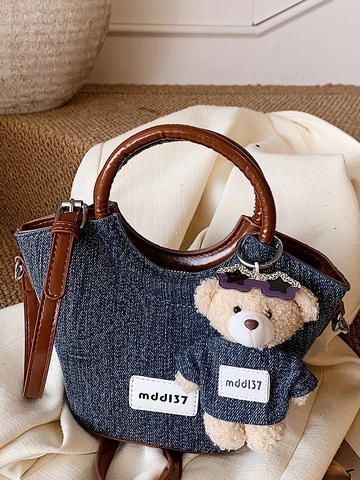 Retro Denim Umhängetasche Für Damen Vintage Beuteltasche Mit Teddybär Anhänger PU Leder Griff Pendler Umhängetasche