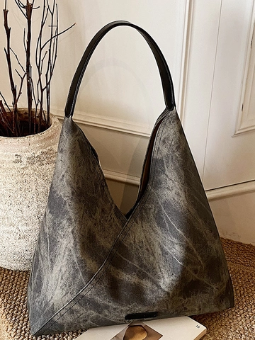 Große Kapazität PU Leder Tote Umhängetasche Für Damen Vintage Waschtextur Täglich Pendeln Urban Minimalistische Hobo Handtasche