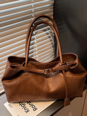 Vintage PU Leather Tote Bag Large Capacity Shoulder Bag Simple Office Commute Underarm Handbag For Women Fashion Solid Color